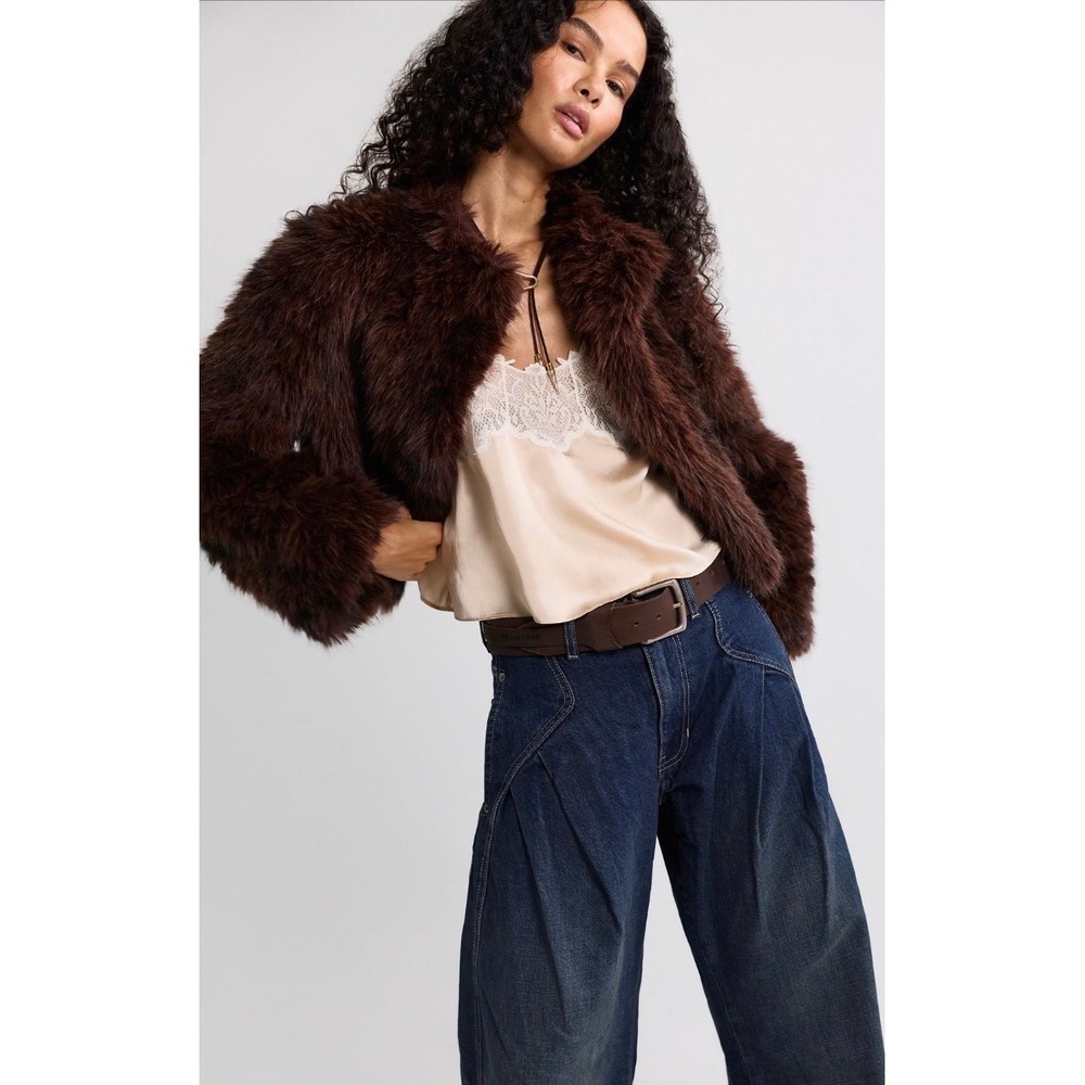 Free People Supernova Faux Fur Cropped Jacket Coat Long Sleeve Shag Chocolate